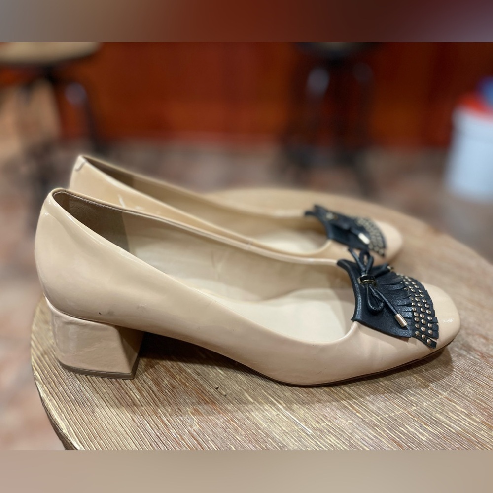 Karl Lagerfeld Nude Beige Block Heel Pumps with Black Fringe Accent